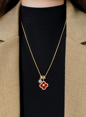 红色微镶四叶草吊坠项链高级感