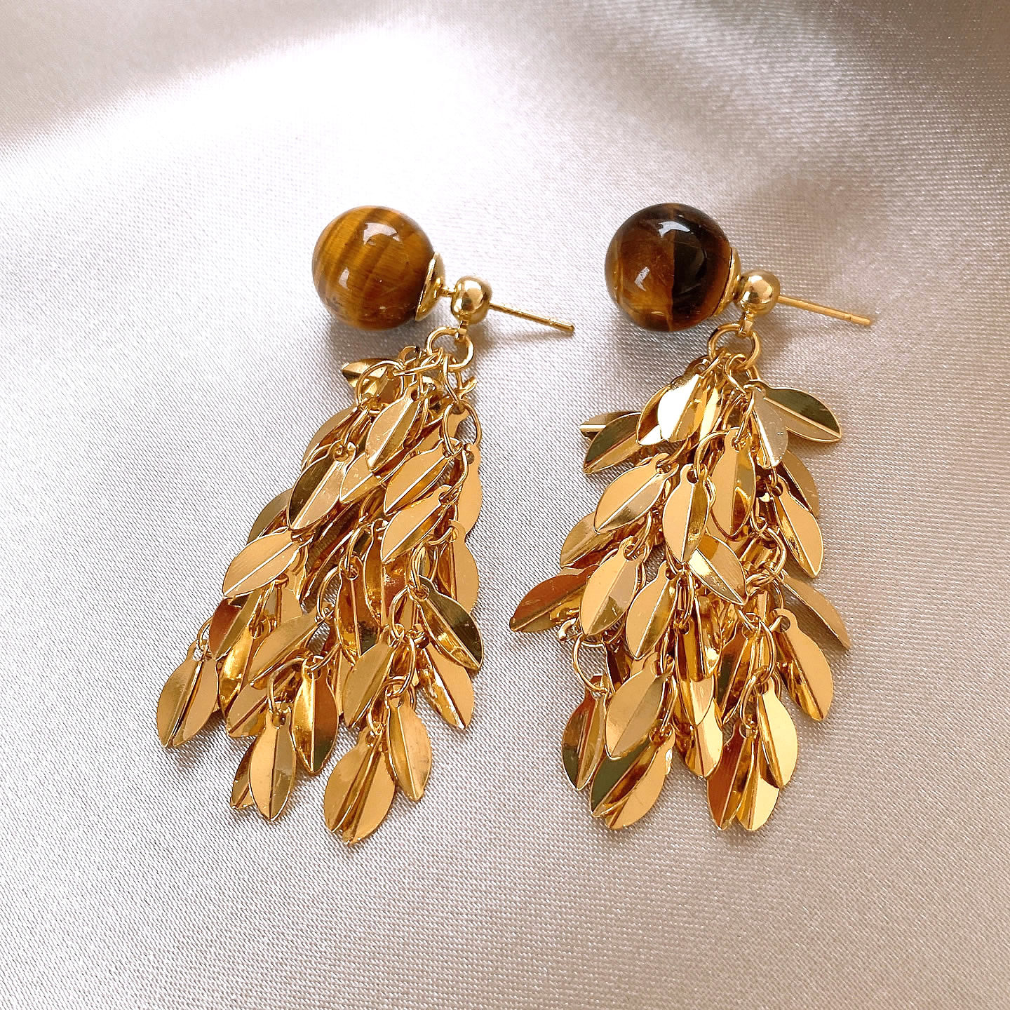 金色叶子流苏虎眼石圆球耳钉女绝美独特夸张耳饰精致耳环2025新款 - 图0