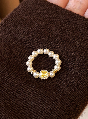 黄色方形锆石珍珠食指戒指巨好看