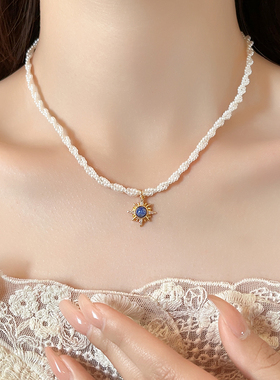 珍珠缠绕金色太阳花吊坠项链小众