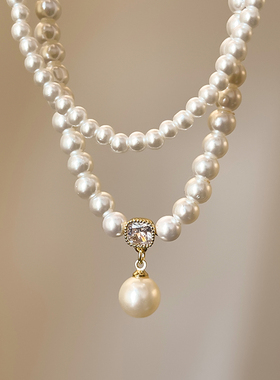 双层叠戴珍珠吊坠项链高级感轻奢