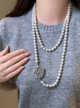 双层叠戴满钻黑色山茶花珍珠项链