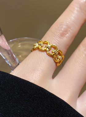 金色锆石圆环开口戒指巨好看