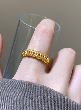 金色镂空钱币开口戒指小众设计