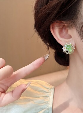 绿色水晶花朵耳环独特漂亮高级感