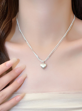 银色拉丝爱心双层项链高级感颈链