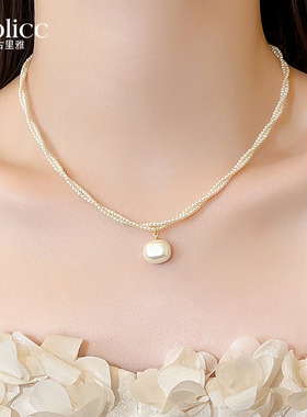 双层缠绕方糖珍珠吊坠项链小众