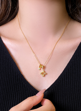 金色锆石四叶草吊坠项链高级感