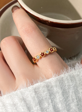 金色锆石花朵开口戒指高级感指环