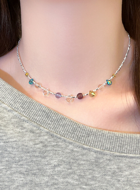 彩色水晶碎银子项链锁骨链轻奢