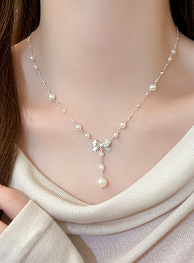 银色蝴蝶结珍珠吊坠项链轻奢小众