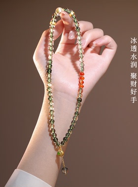 新中式绿色水晶莲花铜钱手串手链