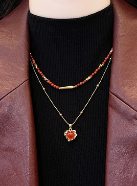 双层叠戴红色爱心吊坠串珠项链