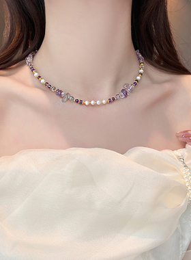 紫水晶串珠珍珠项链轻奢小众配饰