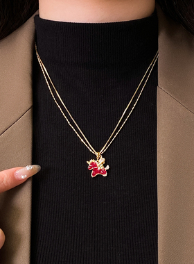 双层叠戴红色锆石小马吊坠项链