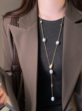 不规则长款珍珠串珠金色豆豆项链