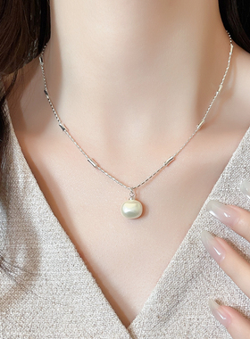 银色方糖珍珠吊坠项链日常百搭