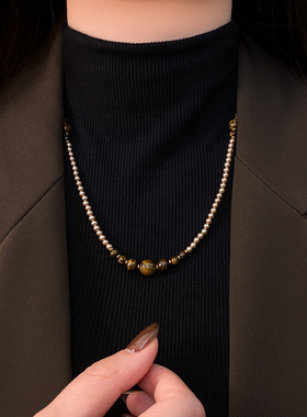 美拉德虎眼石珍珠串珠项链高级感