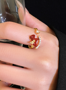 红色小马锆石开口戒指高级感指环