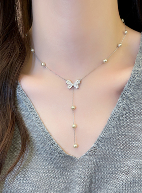 银色满钻蝴蝶珍珠吊坠项链高级感