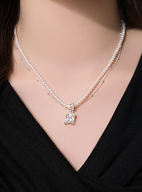 白色双层叠戴珍珠锆石吊坠项链