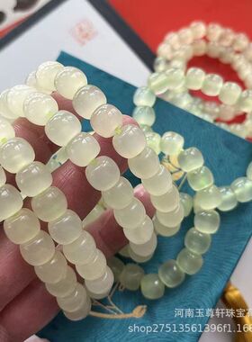 天然阿富汗青白玉手串圆珠老型珠高冰种蚕丝玉猫眼石手串玉石饰品