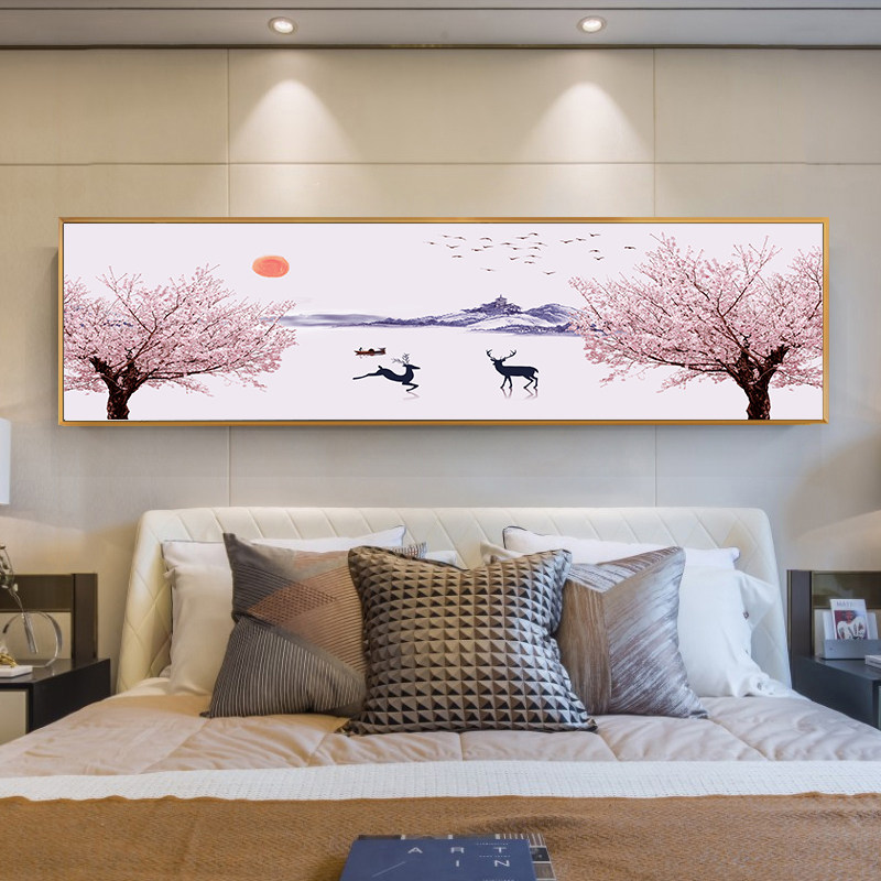 8061现代卧室床头挂画横幅主卧背景墙装饰画客厅北欧麋鹿抽象壁画,淘宝优惠券,粉丝福利购,淘宝优惠卷