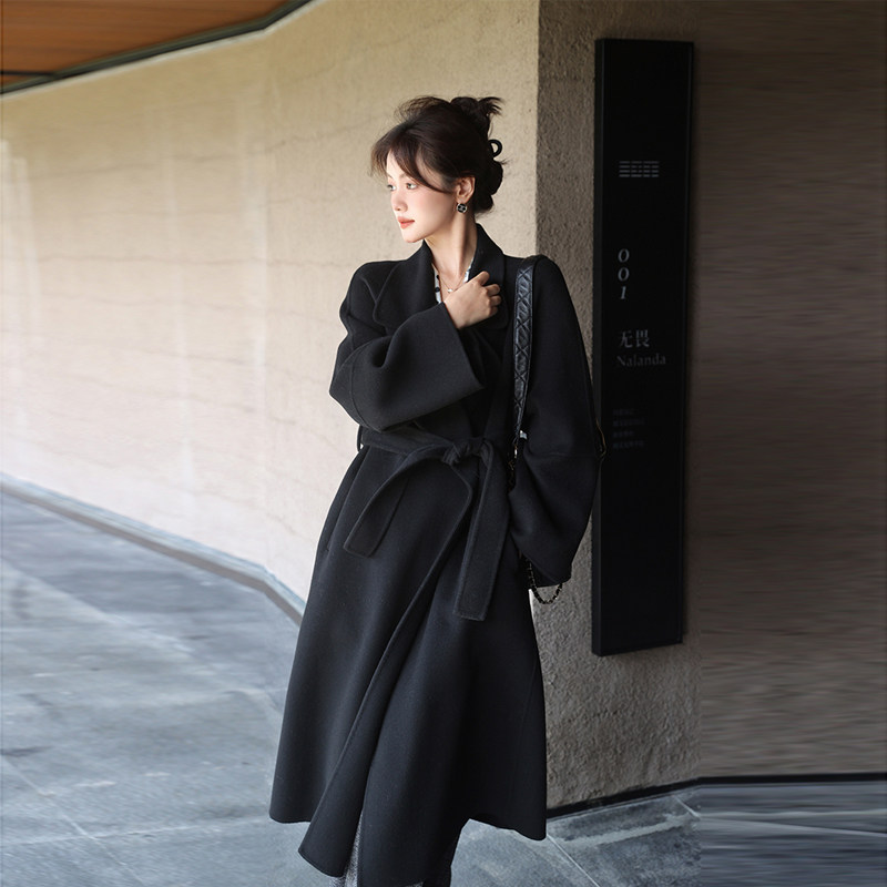 2025冬新款韩版宽松羊毛呢子外套潮中长款红色腰带双面羊绒大衣女,淘宝优惠券,粉丝福利购,淘宝优惠卷