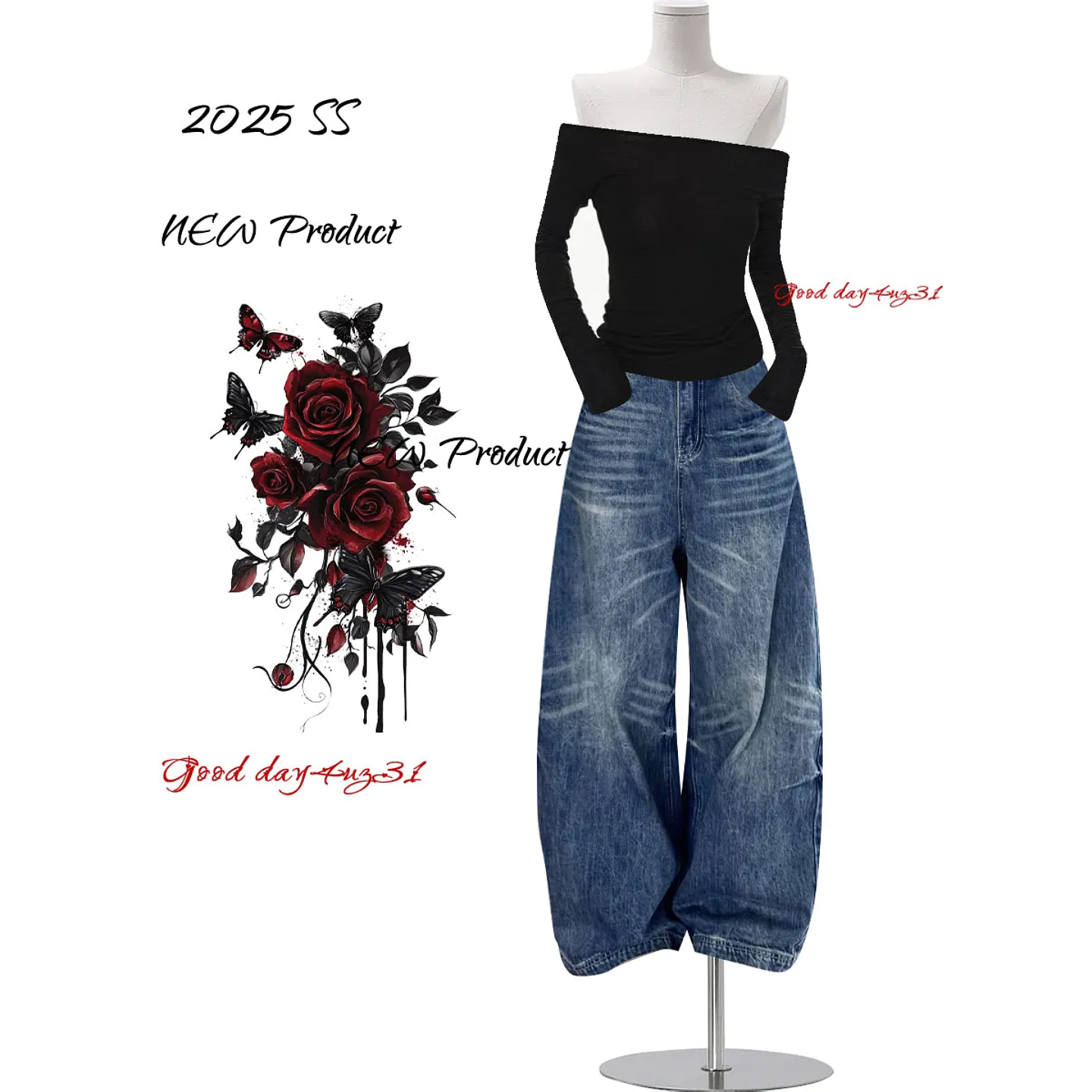 大码美式复古猫须设计感牛仔裤女秋季新款街头宽松阔腿弯刀长裤子 - 图3