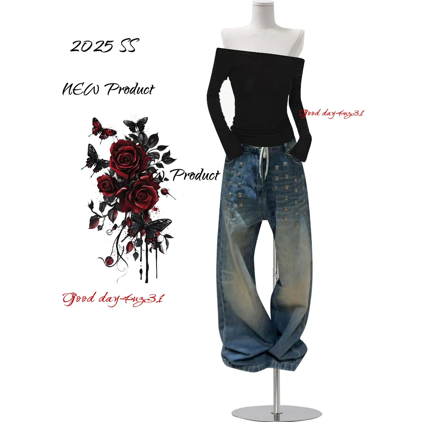 大码美式复古水洗铆钉设计感牛仔裤女秋季新款街头宽松阔腿长裤子 - 图2