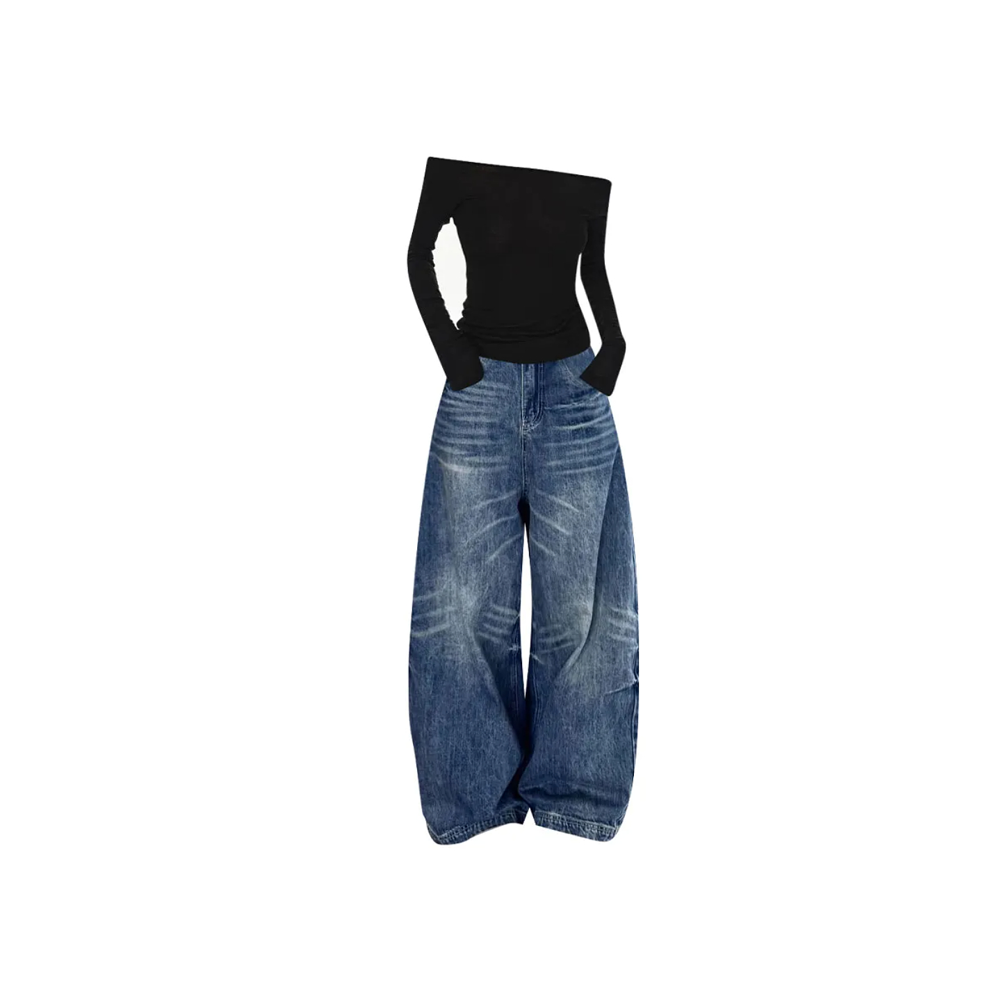 大码美式复古猫须设计感牛仔裤女秋季新款街头宽松阔腿弯刀长裤子 - 图0