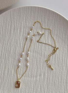 小众设计感珍珠拼接金属链条项链 ins个性简约百搭锆石锁骨链配饰