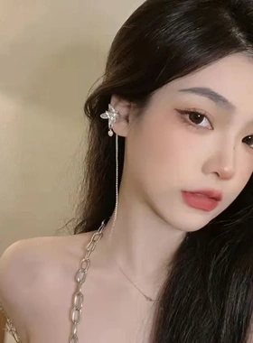 把骨感戴在耳上！蝴蝶长款流苏耳夹女气质无耳洞耳夹文艺风耳饰