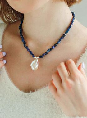 异形青金石碎石巴洛克项链女欧美ins小众设计感短款锁骨女