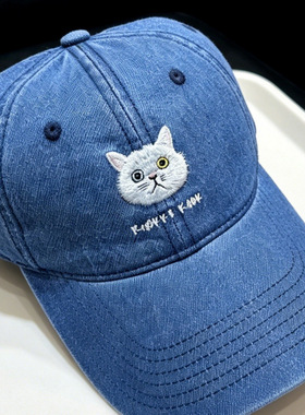 高品质！2026小猫刺绣牛仔棒球帽女大头围显脸小防晒透气鸭舌帽夏