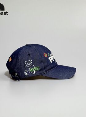 韩系小熊花朵重工刺绣牛仔棒球帽子女四季百搭遮阳帽显脸小鸭舌帽
