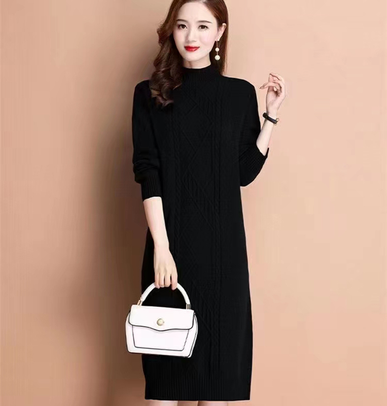 秋冬新款羊毛衫中长款毛衣女装过膝加厚宽松大码针织连衣裙打底衫 - 图2