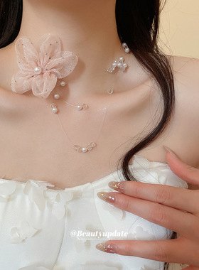 仙气欧根纱花朵珍珠项链2026新款时尚甜美风锁骨链轻奢高级感项饰