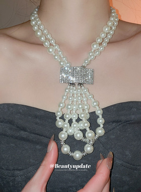 欧美镶钻双层珍珠项链个性时尚小众气质百搭毛衣链轻奢高级感项饰