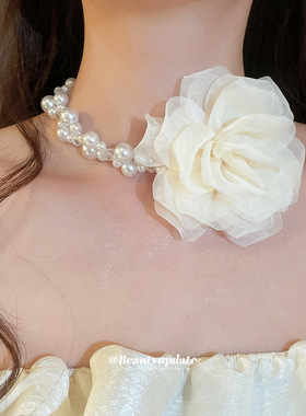 超仙甜美仙女玫瑰欧根纱花朵颈链手链套装氛围感温柔女士时尚首饰