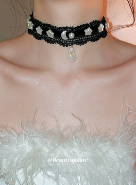 蕾丝网纱十字架珍珠项链甜酷风个性潮流百搭锁骨链轻奢小众颈链女