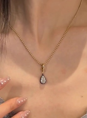 千金感两件套轻奢黑锁边闪钻水滴吊坠项链法式泡泡钻耳钉新款