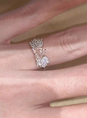 法式满钻羽翼粉锆开口戒指轻奢