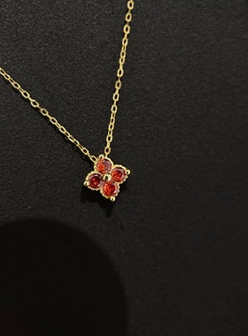 S925纯银镀14K金四叶草石榴石红色项链女轻奢小众设计简约锁骨链