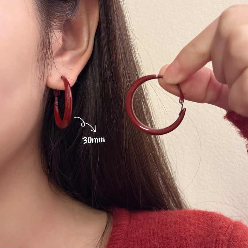 复古港风安可拉红色耳圈秋冬素圈耳环女高级感耳钉气质夸张耳饰,淘宝优惠券,粉丝福利购,淘宝优惠卷