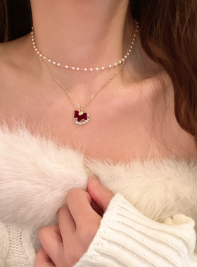 日韩红色小马珍珠多层轻奢锁骨链