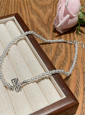 蝴蝶结珍珠项链轻奢小众设计感颈链2024新款爆款高级百搭锁骨链女