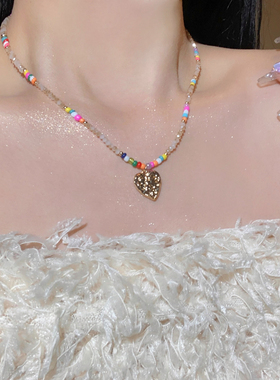 彩色串珠项链爱心颈链锁骨链