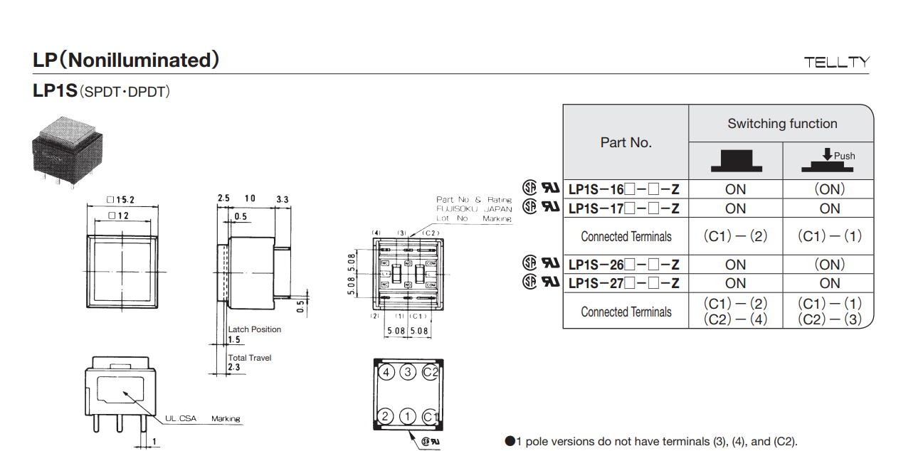 LP1S-16S-505-Z电源面板方形开关按钮15*15 带绿色灯3A 5脚带罩子 - 图2