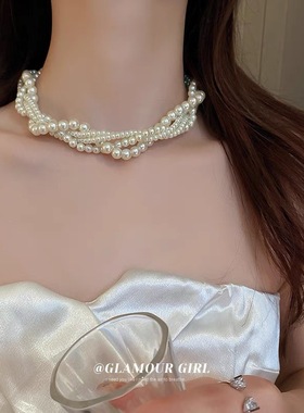 小香风多层叠戴珍珠项链女锁骨链复古轻奢小众颈链时尚配饰女款